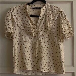 Zara Cream and Red Floral Blouse